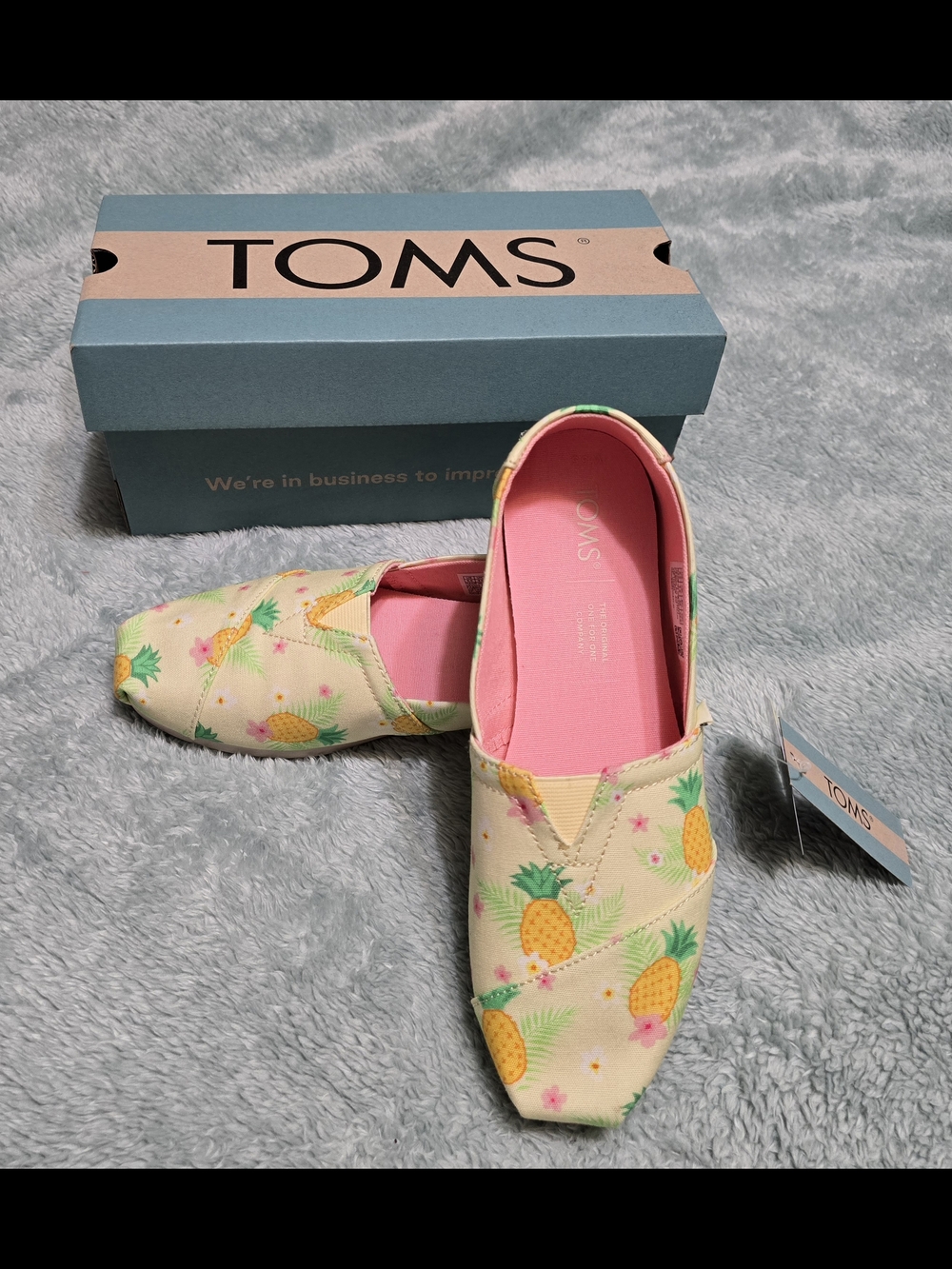 TOMS Pineapple Print Slip-On Flats in Cream with Pink Lining